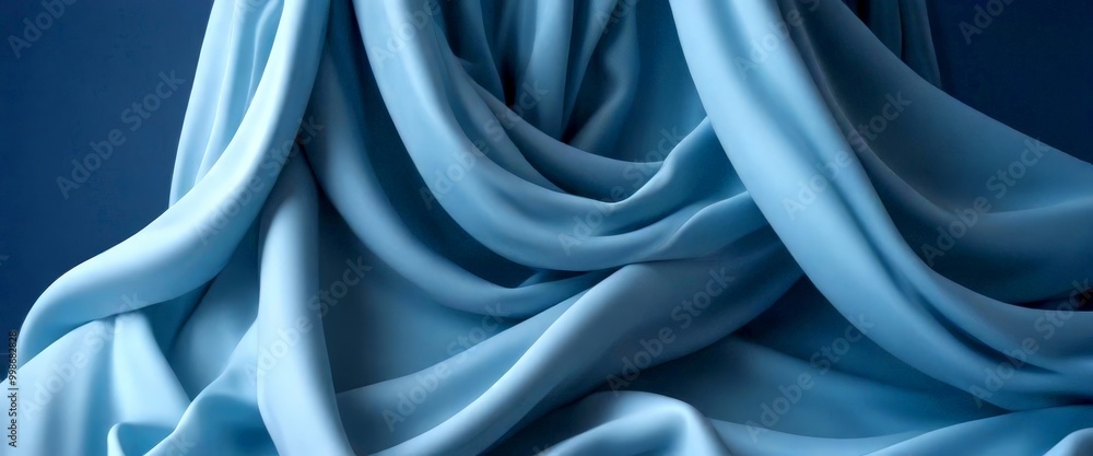 Obraz premium a close-up view flowing, draped fabric in a light blue color, with a dark blue background