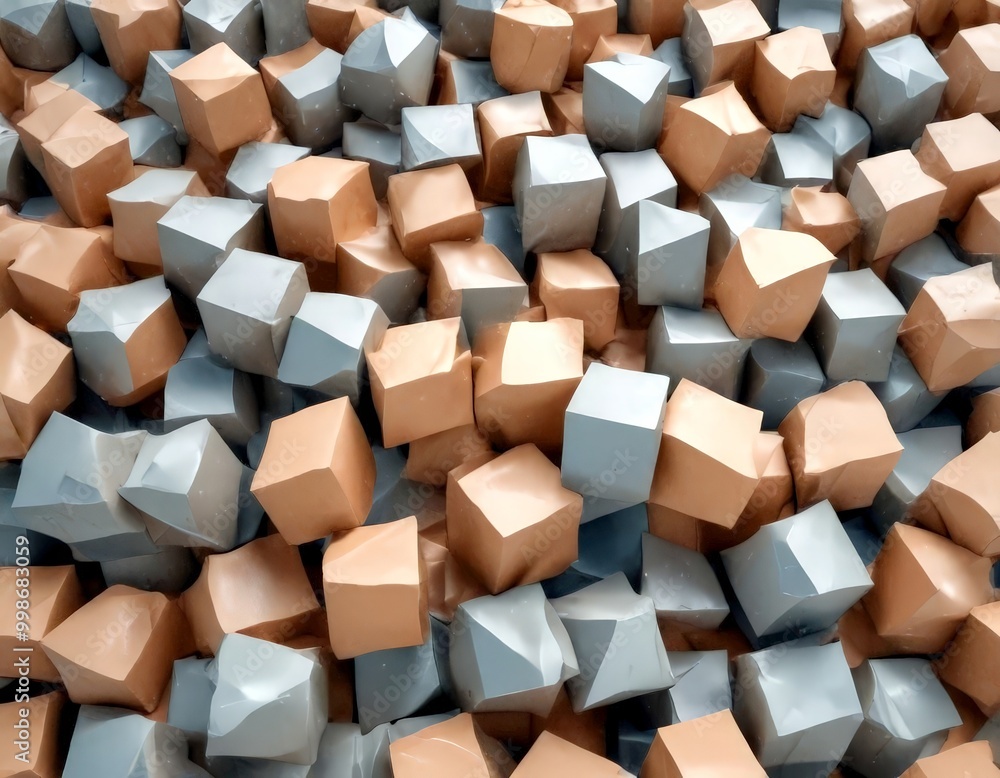 A close-up view pile of cubes in various shades of gray and beige, arranged in a random pattern A close-up view pile of cubes in various shades of gray and beige, arranged in a random pattern