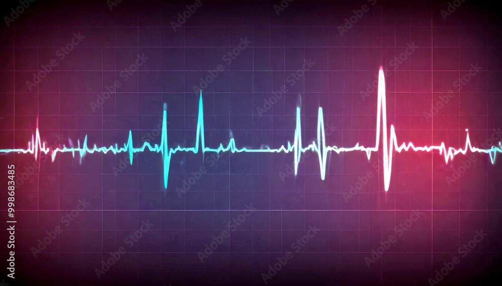 An digital display showing a waveform, with a blue line representing an electrical signal and a red line representing a heartbeat An digital display showing a waveform, with a blue line representing an electrical signal and a red line representing a heartbeat