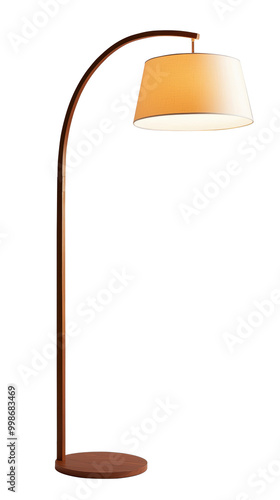 Modern wooden arc floor lamp featuring a beige shade, offering a stylish and minimalist design suitable for home or office lighting decor. Isolated on transparent background, png.
