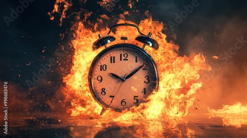 An alarm clock exploding in flames, symbolizing a countdown, deadline, and time running out in a fiery burst of urgency