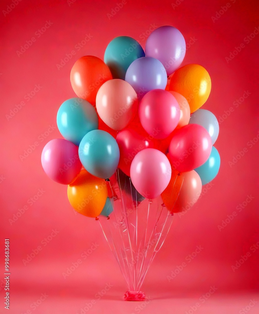 A bouquet of pastel-colored balloons in various shades of pink, blue, and yellow is arranged against a pink background A bouquet of pastel-colored balloons in various shades of pink, blue, and yellow is arranged against a pink background