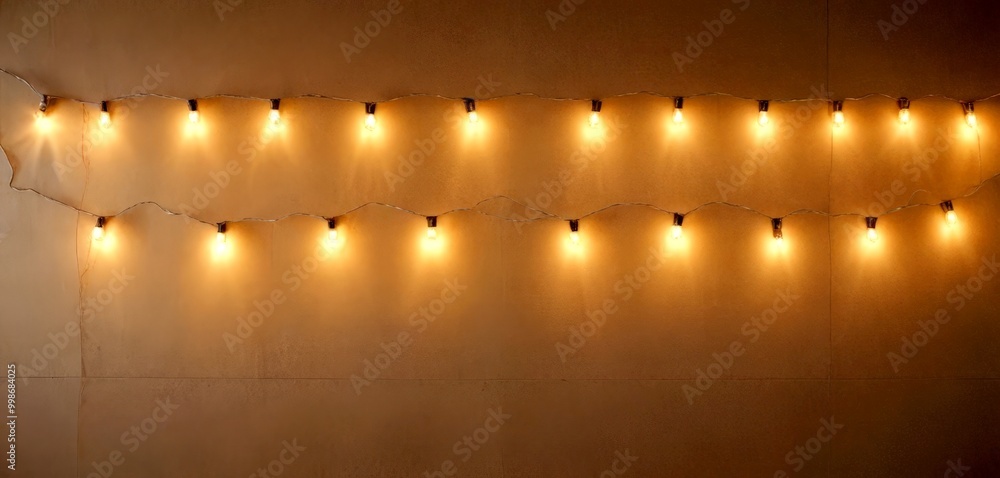 A string of lights with small bulbs is strung across a wall, creating a warm and cozy atmosphere A string of lights with small bulbs is strung across a wall, creating a warm and cozy atmosphere