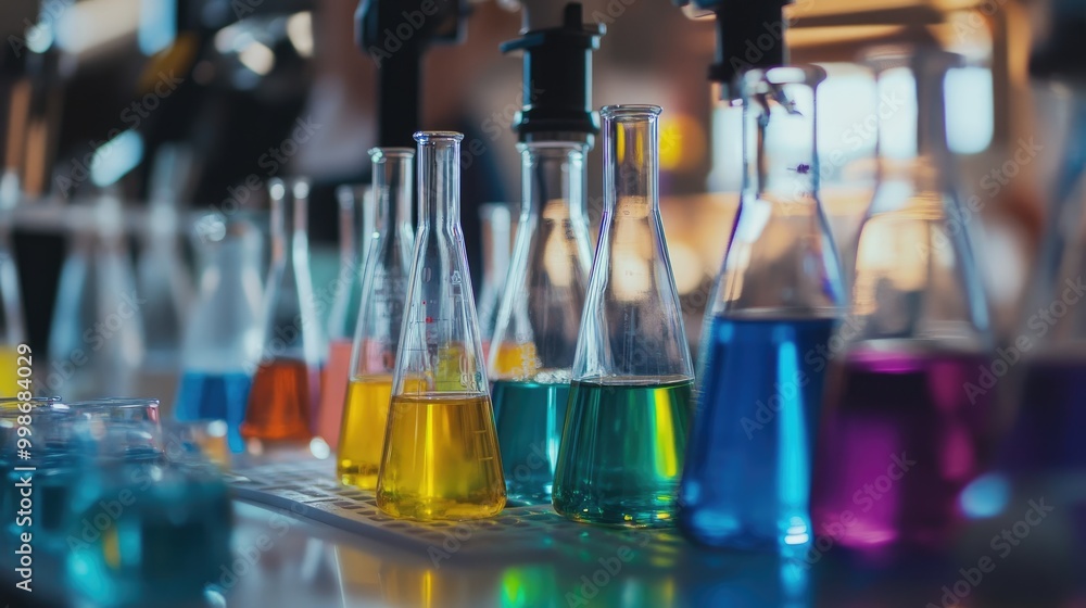 A chemistry lab featuring colorful liquids in test tubes and flasks, with a researcher mixing chemicals in the foreground. A chemistry lab featuring colorful liquids in test tubes and flasks, with a researcher mixing chemicals in the foreground.