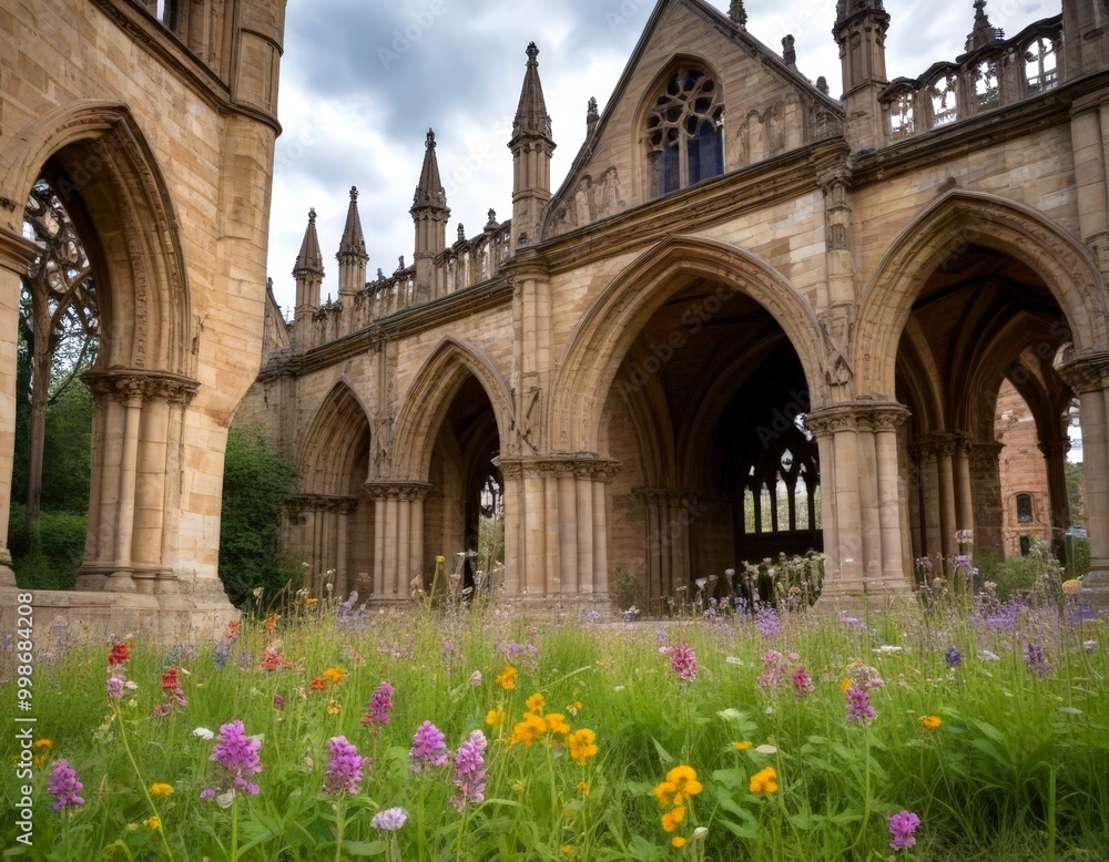 Fototapeta premium The ornate stone architecture Gothic cathedral, with arched windows and spires, is framed by a vibrant field of wildflowers