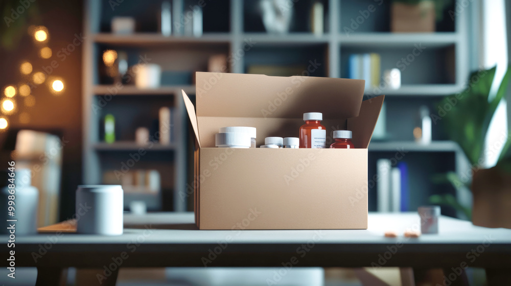 Cardboard box filled with medical supplies and medicine bottles on a table in a cozy home setting Cardboard box filled with medical supplies and medicine bottles on a table in a cozy home setting