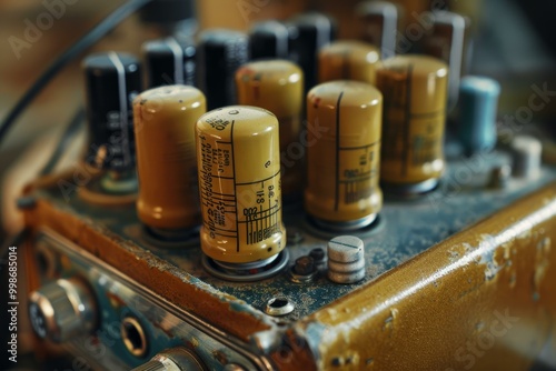 Close up of vintage circuitry showing multiple electrolytic capacitors photo