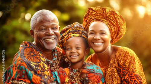 A close-knit African family shares smiles and hugs, dressed in vibrant traditional clothing, showcasing warmth and joy against a natural backdrop
