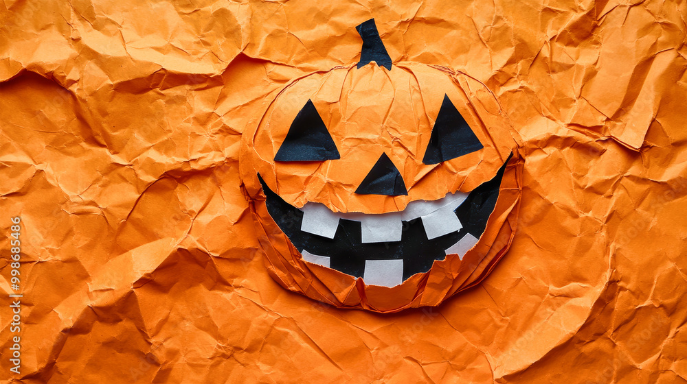 Bright orange paper features a cheerful jack-o'-lantern face on a ...