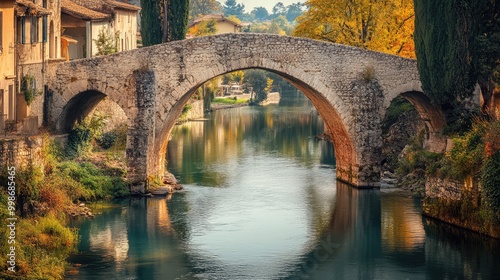 A classic stone arch bridge, crossing a peaceful river in a medieval town, with old buildings lining the riverbank