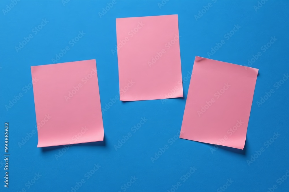 three pink sticky notes are on a blue surface three pink sticky notes are on a blue surface