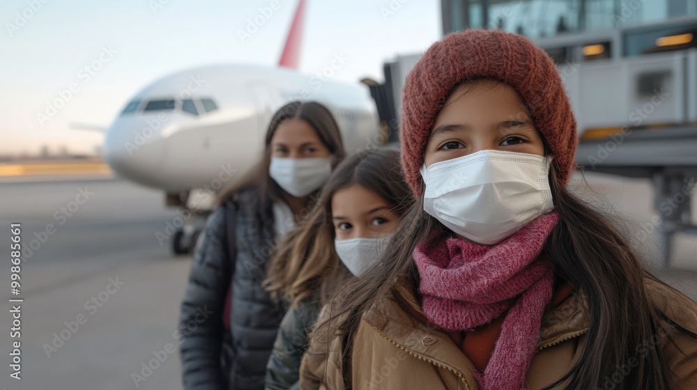 Post-pandemic travel: family wearing masks at airport for safe winter journey Post-pandemic travel: family wearing masks at airport for safe winter journey