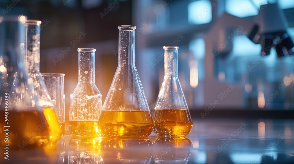 A close-up of chemical reactions in a lab, with liquids bubbling in beakers and flasks on a sterile workbench. -7e A close-up of chemical reactions in a lab, with liquids bubbling in beakers and flasks on a sterile workbench. -7e
