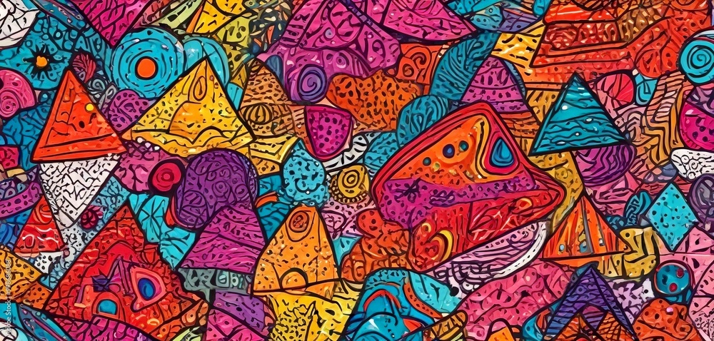 a vibrant, abstract pattern featuring a variety of colorful shapes and designs, including triangles, circles, and other geometric forms, creating a visually a vibrant, abstract pattern featuring a variety of colorful shapes and designs, including triangles, circles, and other geometric forms, creating a visually
