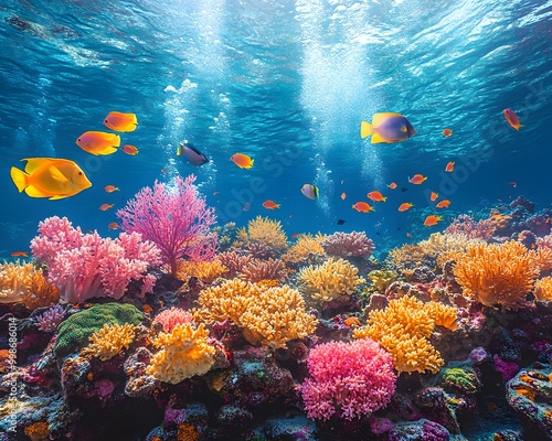 Bright and detailed illustration of an underwater coral reef, perfect for use in environmental conservation campaign or as part of educational materials about ocean conservation and marine ecosystems. photo