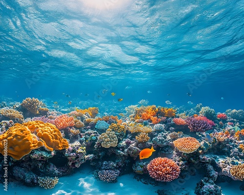 Bright and detailed illustration of an underwater coral reef, perfect for use in environmental conservation campaign or as part of educational materials about ocean conservation and marine ecosystems. photo