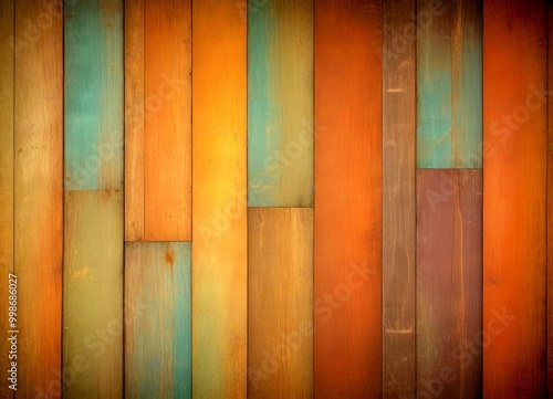 A close-up wooden wall panel with a multicolored finish, featuring vertical planks in various shades of brown, green, and blue photo