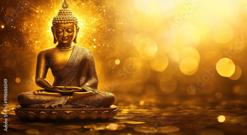 A golden Buddha sitting in a lotus position with a golden, glowing background