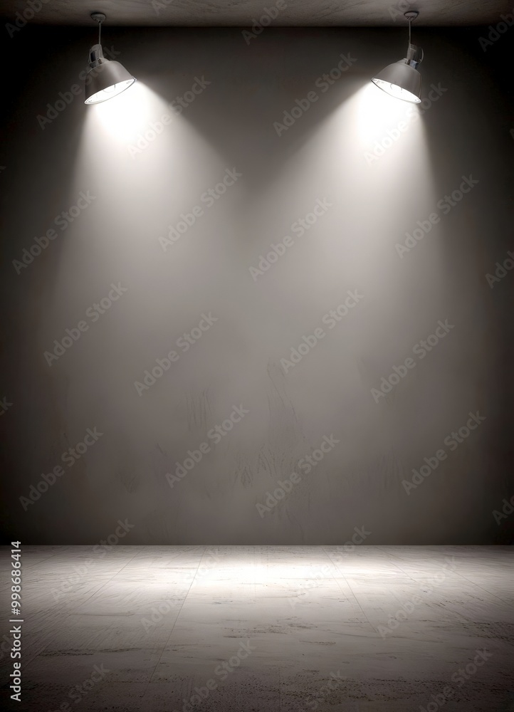 Two spotlights shine down on a concrete floor, casting a dramatic shadow on the wall behind them Two spotlights shine down on a concrete floor, casting a dramatic shadow on the wall behind them