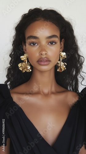 Sculptural jewelry showcase: model with bold gold earrings for fashion editorial