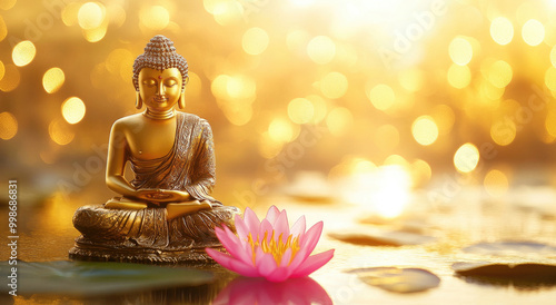 A golden Buddha with a glowing light effect in the background, a lotus flower, and a golden mandala in a yellow color scheme