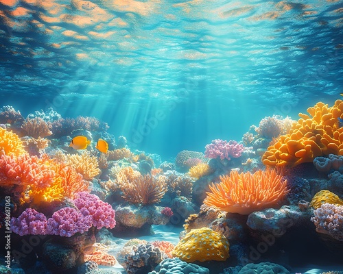 Bright and detailed illustration of an underwater coral reef, perfect for use in environmental conservation campaign or as part of educational materials about ocean conservation and marine ecosystems. photo