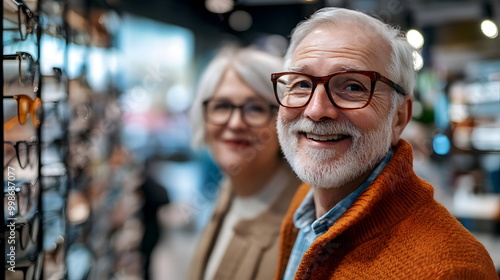 Senior Couple Smiling Shopping Eyeglasses Store Bright Atmosphere Accessories Frames Eyewear Style Fashion