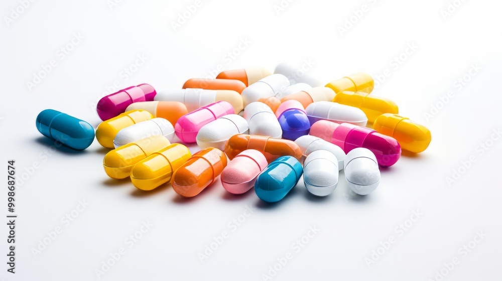 Many colored capsule pills on white background. Neural network ai generated art Many colored capsule pills on white background. Neural network ai generated art