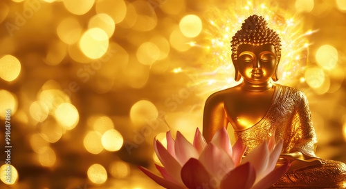 A golden Buddha sitting in a lotus position with a golden, glowing background