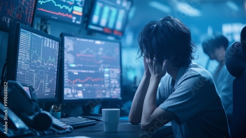 A lone asian stock trader pacing anxiously in front of a huge monitor showing crashing interest rates 