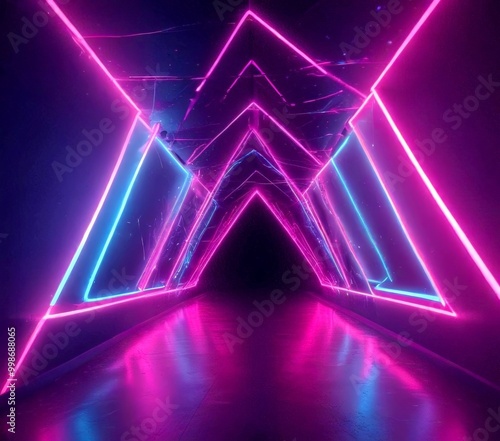 A neon tunnel with a geometric pattern of intersecting lines and triangles, creating a visually striking and immersive environment photo