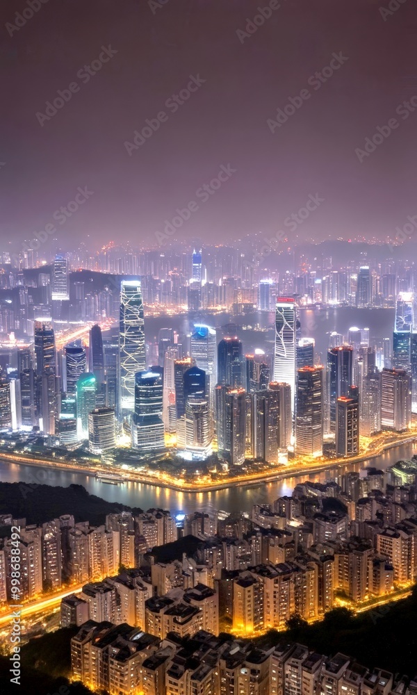 Obraz premium A panoramic view of Hong Kong's skyline at night, with the city's iconic skyscrapers and high-rise buildings illuminated against a dark, hazy sky