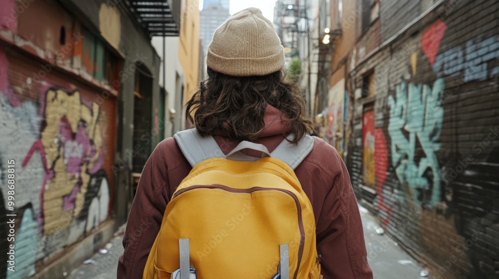 Urban exploration: young adult in bold fashion with backpack for adventure and travel print Urban exploration: young adult in bold fashion with backpack for adventure and travel print