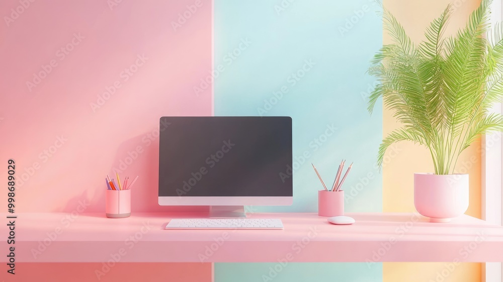 Minimalist workspace with a computer, pencils, and a plant on a pink desk with a pastel background. Minimalist workspace with a computer, pencils, and a plant on a pink desk with a pastel background.