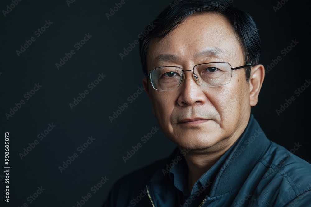 Middle-aged Asian man with glasses and a sports jacket. Editorial style. Middle-aged Asian man with glasses and a sports jacket. Editorial style.