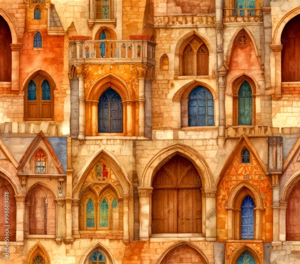 a watercolor painting depicting a repeating pattern of Gothic-style buildings with arched windows, balconies, and stone facades a watercolor painting depicting a repeating pattern of Gothic-style buildings with arched windows, balconies, and stone facades