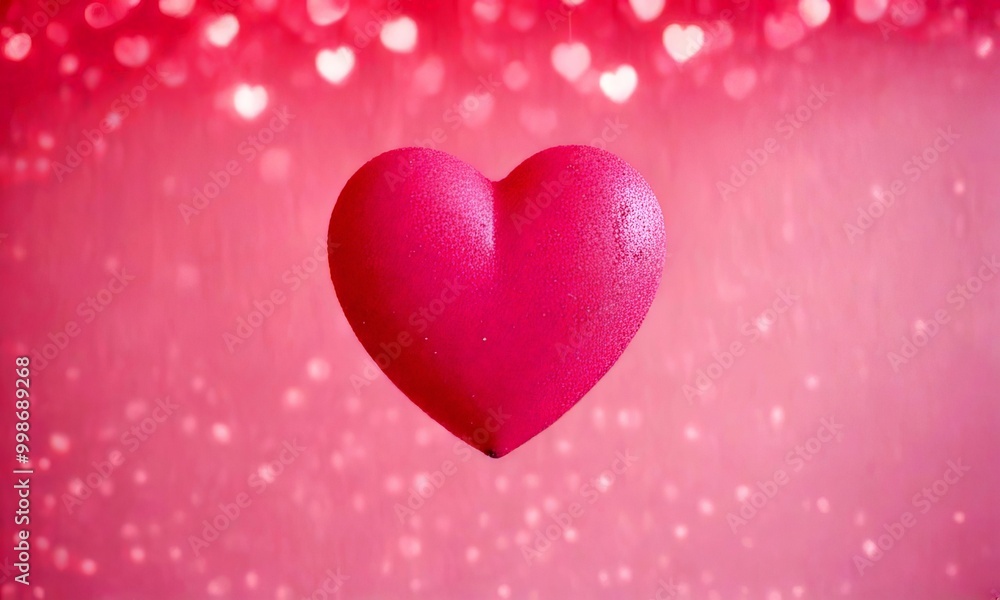 A pink heart-shaped object floats against a pink background with white heart-shaped lights A pink heart-shaped object floats against a pink background with white heart-shaped lights
