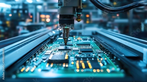 A high-tech manufacturing facility producing electronics, with circuit boards being assembled by automated machines. -