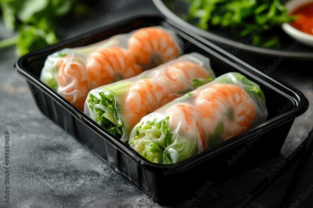 Fresh spring rolls in the take away black box - generative ai Fresh spring rolls in the take away black box - generative ai