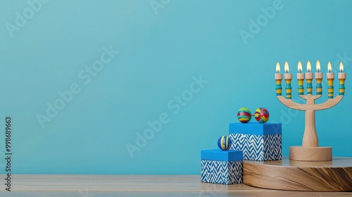 Hanukkah Menorah with Blue Gifts photo