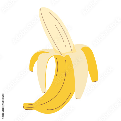 Peeled banana illustration in cartoon style. Vector illustration of banana isolated on white background.