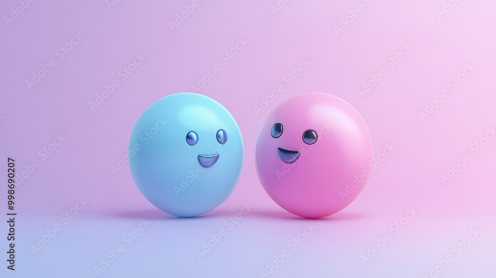 Two happy 3D cartoon spheres in blue and pink colors on a pastel pink background. Two happy 3D cartoon spheres in blue and pink colors on a pastel pink background.