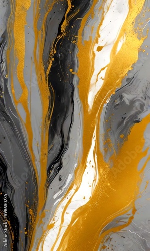 a striking abstract composition of swirling lines and splashes of gold and black paint, creating a dynamic and visually captivating piece of art photo