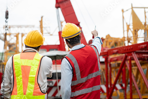 Photography Back Asia engineer man worker finger point and team with spare crane background