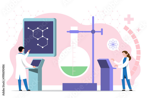 Vector illustration of scientists conducting research in a lab with digital displays, molecular structures, and scientific equipment.