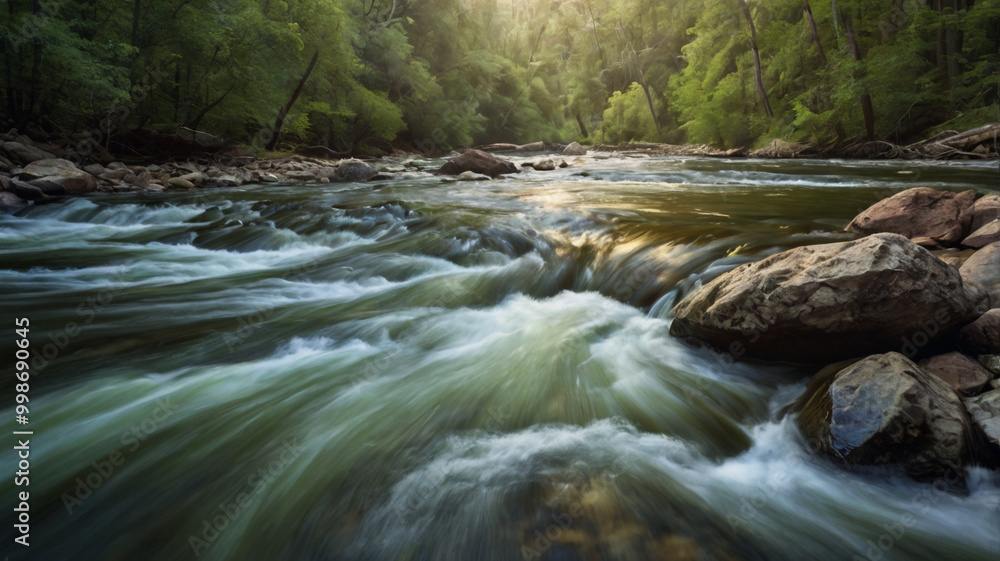 Fototapeta premium Serene River Flowing Through Lush Green Forest