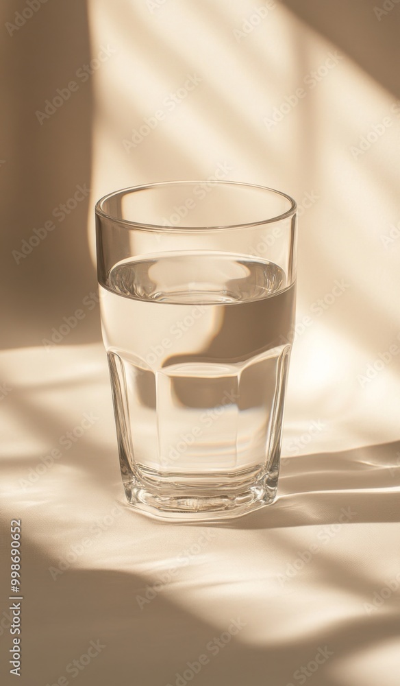 an unbranded glass filled with water, positioned on the right side of a table against a plain wall. an unbranded glass filled with water, positioned on the right side of a table against a plain wall.
