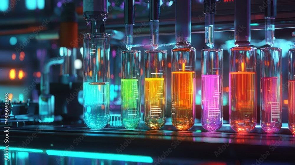A laboratory with advanced medical equipment and test tubes filled with colorful liquids being prepared for analysis. A laboratory with advanced medical equipment and test tubes filled with colorful liquids being prepared for analysis.