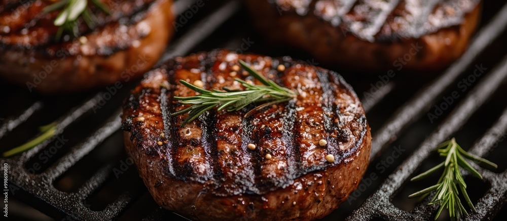 Close-up of a juicy grilled burger patty with rosemary garnish on a black grill grate. Close-up of a juicy grilled burger patty with rosemary garnish on a black grill grate.