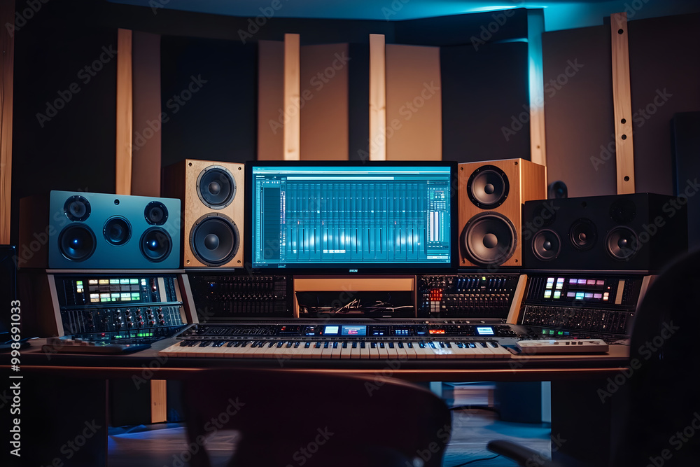 modern music studio with advanced audio equipment and large screen modern music studio with advanced audio equipment and large screen